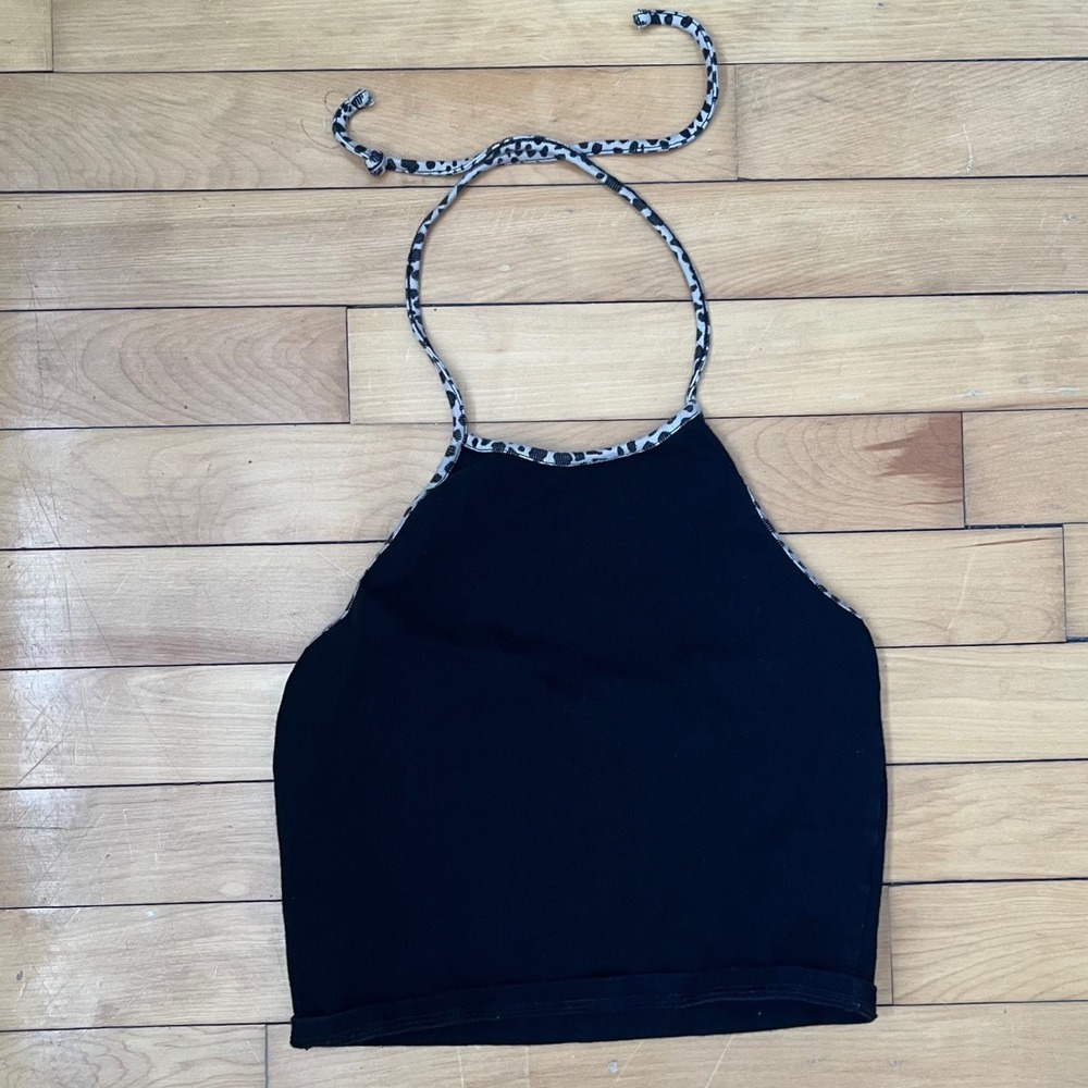 Brandy Melville Black Halter Top Leopard Print Trim Tie Neck Cropped Tank OS